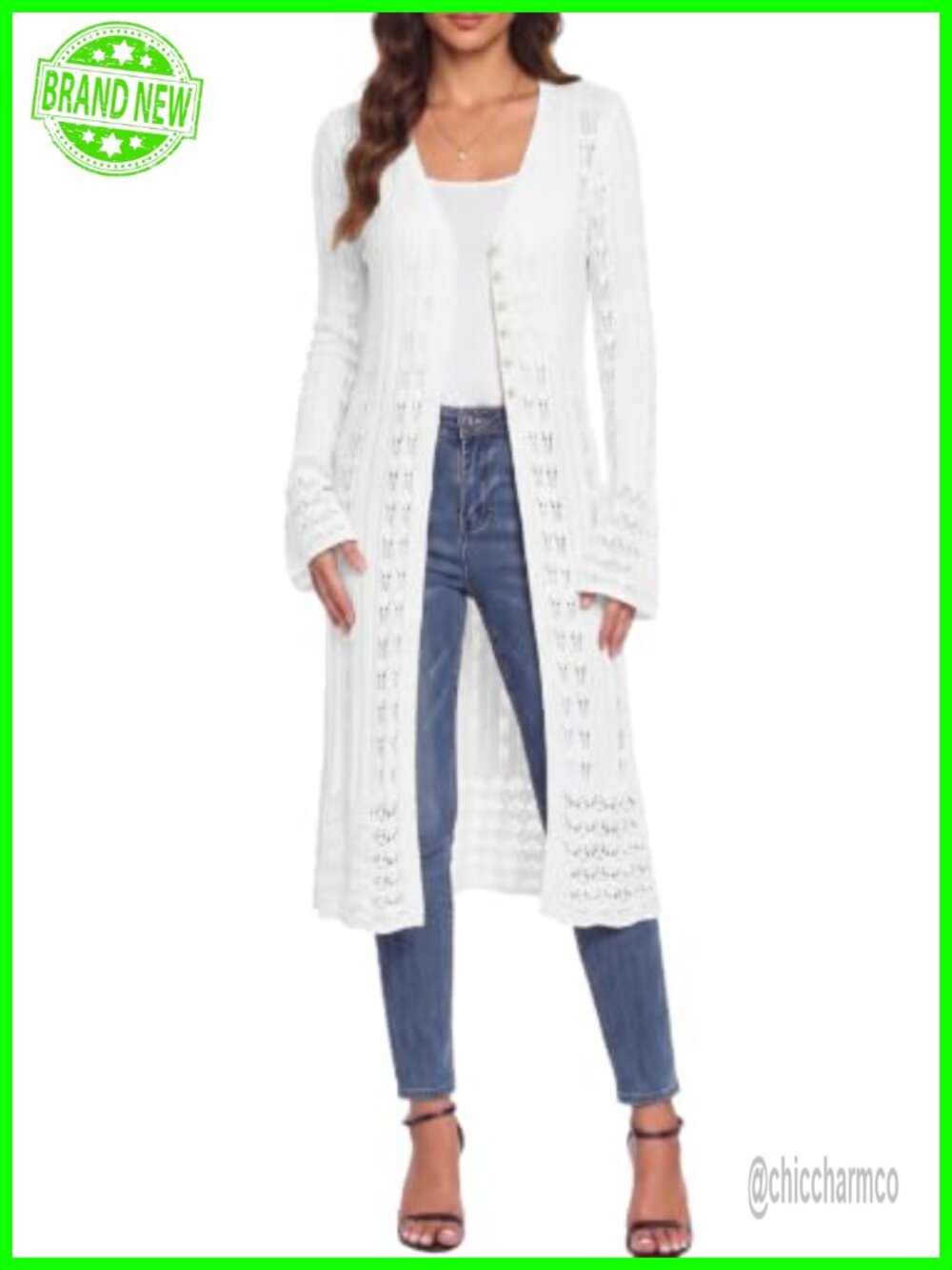 Lightweight Crochet Bell Sleeve Long Cardigan Button V-Neck Oversized Sweater